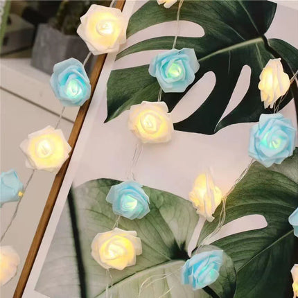 Rose Fairy Lights - Indoor Mood Lighting - Bedroom Decoration - LED Lights - Artificial Flowers - Window Decoration - Home Accessories - Fairy Lights - Wedding Decoration - Party Lighting - Blue and White - 1 Piece.