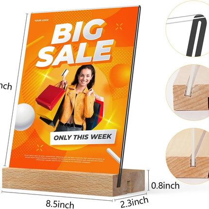 Menu Card Holder A4 - Photo Frame with Wooden Base - Table Stand - Brochure Holder - Acrylic Stand - Hospitality - Office - Wedding Decoration - Information Holder - Double Slot - Straight and Angled - Transparent and Wood - 3 Pieces.