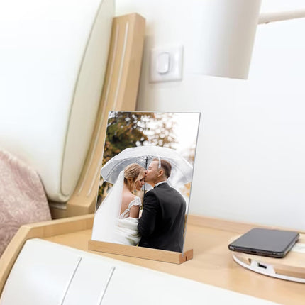 Menu Card Holder A4 - Photo Frame with Wooden Base - Table Stand - Brochure Holder - Acrylic Stand - Hospitality - Office - Wedding Decoration - Information Holder - Double Slot - Straight and Angled - Transparent and Wood - 3 Pieces.
