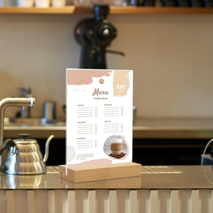 Menu Card Holder A4 - Photo Frame with Wooden Base - Table Stand - Brochure Holder - Acrylic Stand - Hospitality - Office - Wedding Decoration - Information Holder - Double Slot - Straight and Angled - Transparent and Wood - 3 Pieces.