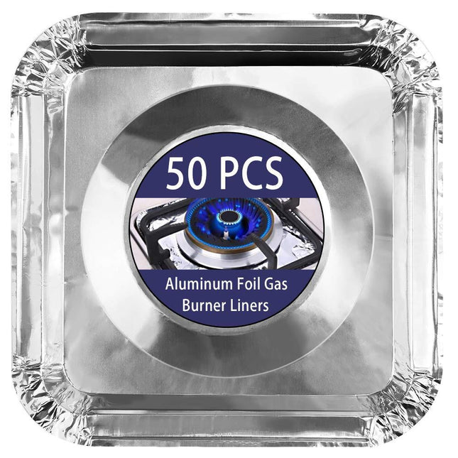 Gas stove protectors - Gas burner protectors - Aluminum foil gas stove - Gas stove foil - Kitchen accessories - Protective film - Extra thick - Universal - Cut to size - Square - Silver - 50 pieces.