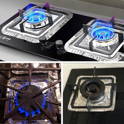 Gas stove protectors - Gas burner protectors - Aluminum foil gas stove - Gas stove foil - Kitchen accessories - Protective film - Extra thick - Universal - Cut to size - Square - Silver - 50 pieces.