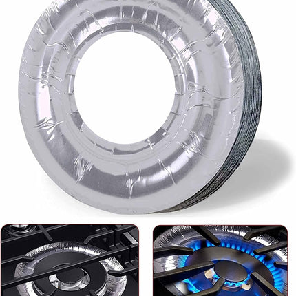 Gas stove protectors - Gas burner protectors - Aluminum foil gas stove - Gas stove foil - Kitchen accessories - Protective film - Extra thick - Universal - Cut to size - Hob protector - Round - Silver - 50 pieces.