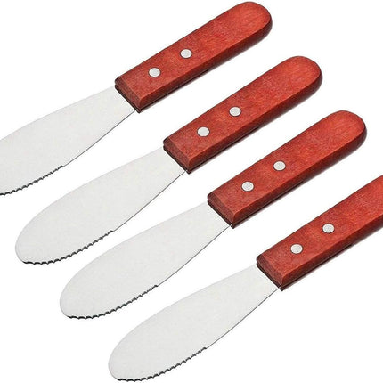 Spreading Knife - Butter Knife - Breakfast Knife - Serrated Knife - Cutlery - Cheese Knife - Snack Board - Sandwich Knife - Spatula - Stainless Steel - Wooden Handle - Kitchen Utensils - Tapas - Lunch - Sandwich Knife - Silver and Brown - Set of 4.
