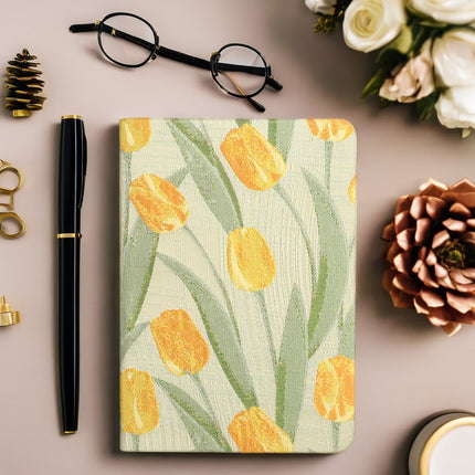 A5 Notebook - Diary - Bullet Journal - Writing Book - Notebook - Tulips - Sketchbook - Notepad - Travel Diary - Office Supplies - School Supplies - Gift for Her - Journal - Hardcover - Yellow and Green - 1 Piece.