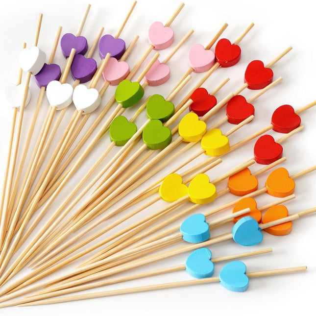 Cocktail sticks - Satay sticks - Tapas sticks - Hearts - Party supplies - Snacks - Birthday - Decoration - Snacks - High Tea - BBQ - Wedding - Treat - Buffet - Cheese sticks - Wood - Bamboo - 12 cm - Multi-colored - 100 Pieces.