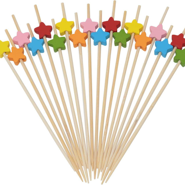 Cocktail sticks - Satay sticks - Tapas sticks - Stars - Party supplies - Snacks - Birthday - Decoration - Snacks - Christmas - New Year's Eve - Children's party - Treat - Buffet - Wood - Bamboo - 12 cm - Multi-colored - 100 Pieces.