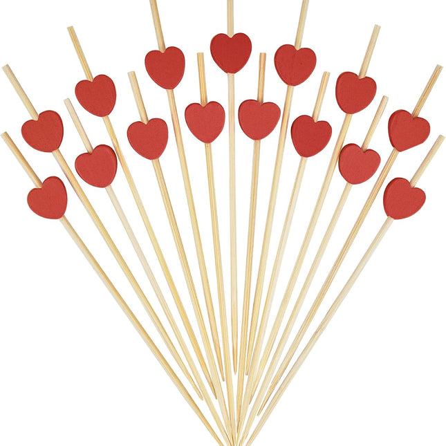 Cocktail sticks - Satay sticks - Tapas sticks - Hearts - Party supplies - Snacks - Valentine's Day - Wedding - Love - Decoration - Snacks - High Tea - Treat - Buffet - Cheese sticks - Wood - Bamboo - 12 cm - Red - 100 Pieces.
