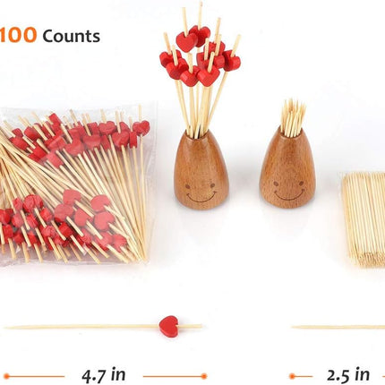 Cocktail sticks - Satay sticks - Tapas sticks - Hearts - Party supplies - Snacks - Valentine's Day - Wedding - Love - Decoration - Snacks - High Tea - Treat - Buffet - Cheese sticks - Wood - Bamboo - 12 cm - Red - 100 Pieces.