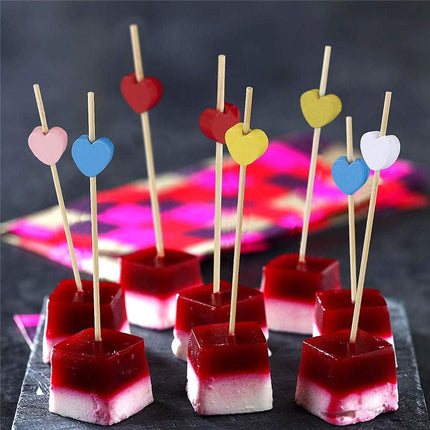 Cocktail sticks - Satay sticks - Tapas sticks - Hearts - Party supplies - Snacks - Valentine's Day - Wedding - Love - Decoration - Snacks - High Tea - Treat - Buffet - Cheese sticks - Wood - Bamboo - 12 cm - Red - 100 Pieces.