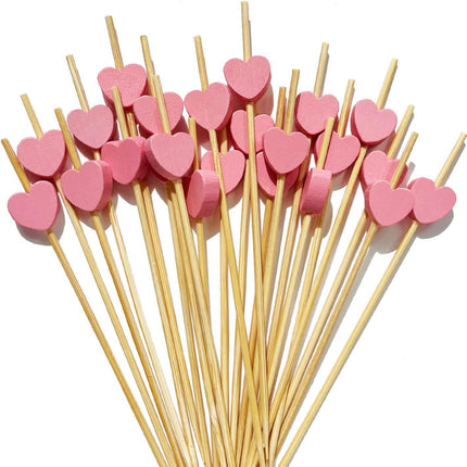 Cocktail sticks - Satay sticks - Tapas sticks - Hearts - Party supplies - Snacks - Baby shower - Baby shower - Gender reveal - Birthday - Decoration - Snacks - Treat - Buffet - Wood - Bamboo - 12 cm - Pink - 100 pieces.