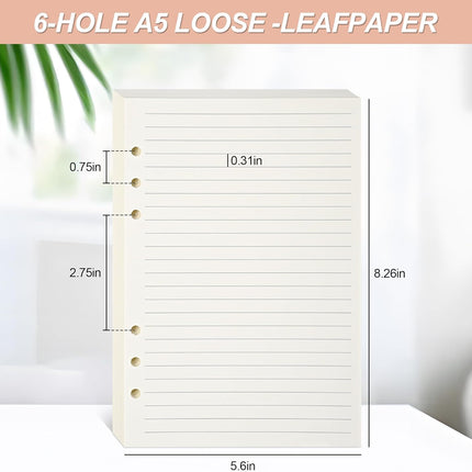 Notebook Refill A5 - Ring Binder Paper 6 Holes - Agenda Refill - Bullet Journal Paper - Refillable Notepad - Writing Paper - Planner Inserts - Office Supplies - School Supplies - Study Notes -Lined Paper - White - [数量] Pieces.