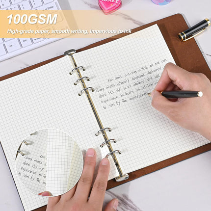 Notebook Refill A5 - Ring Binder Paper 6 Holes - Agenda Refill - Bullet Journal Paper - Refillable Notepad - Writing Paper - Planner Inserts - Office Supplies - School Supplies - Math Notebook -Checked White Graph Paper - 5 Pieces.