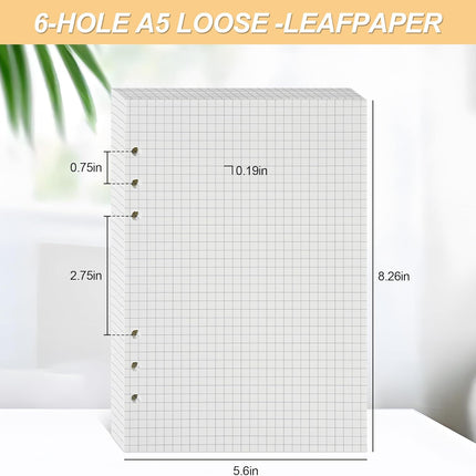 Notebook Refill A5 - Ring Binder Paper 6 Holes - Agenda Refill - Bullet Journal Paper - Refillable Notepad - Writing Paper - Planner Inserts - Office Supplies - School Supplies - Math Notebook -Checked White Graph Paper - 5 Pieces.