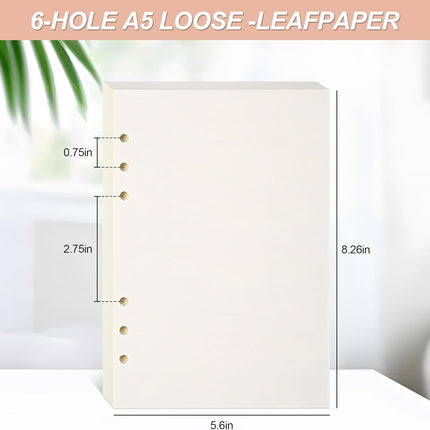 Notebook Refill A5 - Ring Binder Paper 6 Holes - Agenda Refill - Bullet Journal Paper - Refillable Notepad - Writing Paper - Planner Inserts - Office Supplies - School Supplies - Blank Sketch Paper -No Lines - White - 5 Pieces.