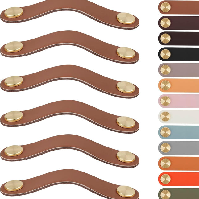 Leather Handles - Furniture Handles - Kitchen Handles - Door Handles - Cabinet Handles - Drawer Knobs - Furniture Hardware - Kitchen Hardware - Handles - Leather - Leather - Kitchen Renovation - Industrial - Brass - Pitch 128mm - Handles - Caramel - Set o.
