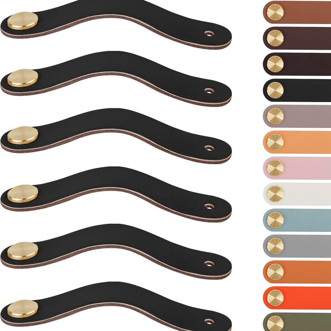 Leather Handles - Furniture Handles - Kitchen Handles - Door Handles - Cabinet Handles - Drawer Knobs - Furniture Hardware - Kitchen Hardware - Handles - Leather - Leather - Kitchen Renovation - Industrial - Brass - Knobs - Loops - Loop - Black - Set of 6.