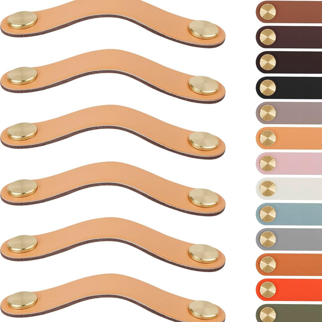 Leather Handles - Furniture Handles - Kitchen Handles - Door Handles - Cabinet Handles - Drawer Knobs - Furniture Hardware - Kitchen Hardware - Handles - Leather - Leather - Kitchen Renovation - Scandinavian - Brass - Pitch 128mm - Handles - Beige - Set o.