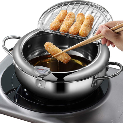 Deep fryer - Tempura pan - 20 cm - Stainless steel pan - Kitchen accessories - Japanese deep fryer - Induction deep fryer - Deep fryer - Cooking pot - Stainless steel pan - Small deep fryer - Kitchen utensils - Household - Silver - 1 piece.