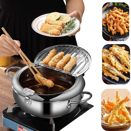 Deep fryer - Tempura pan - 20 cm - Stainless steel pan - Kitchen accessories - Japanese deep fryer - Induction deep fryer - Deep fryer - Cooking pot - Stainless steel pan - Small deep fryer - Kitchen utensils - Household - Silver - 1 piece.
