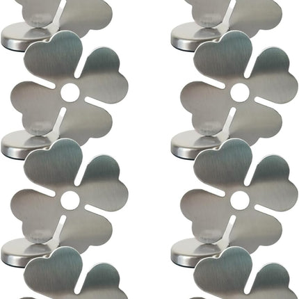 Tablecloth clips - Tablecloth weights - Magnetic clips - Tablecloth holder - Garden accessories - Picnic accessories - Windstopper tablecloth - Table accessories - Outdoor dining - Magnetic weight - Clover design - Silver - 8 pieces.