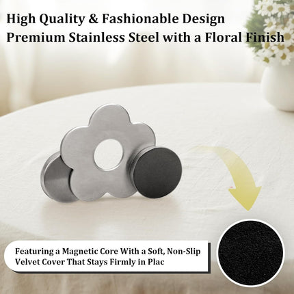 Tablecloth clips - Tablecloth weights - Magnetic clips - Tablecloth holder - Garden accessories - Picnic accessories - Windstopper tablecloth - Table accessories - Outdoor dining - Magnetic weight - Clover design - Silver - 8 pieces.