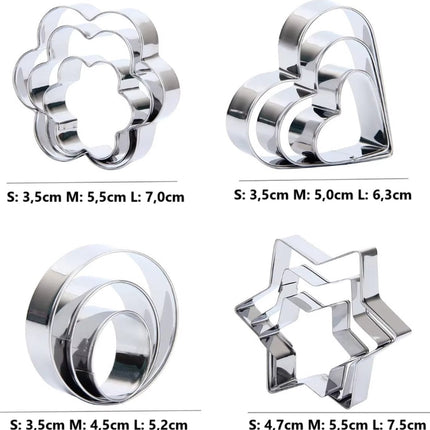 12x Cookie Cutter Set - Cookie Shapes - Flower, Heart, Round, Star.