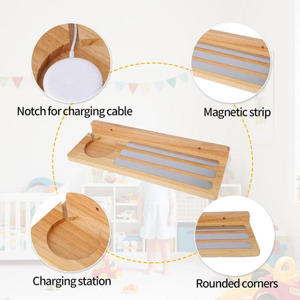 Wooden magnetic shelf for toy figures - wall mount with floating display - 1-tier organizer for children's room with charging station - storage accessories..