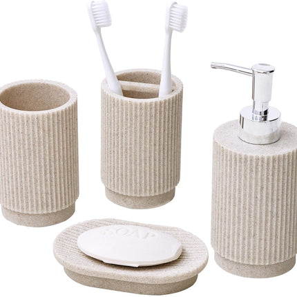 Stylish six-piece bathroom set with soap dispenser and storage accessories.
