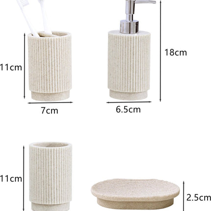 Stylish six-piece bathroom set with soap dispenser and storage accessories.