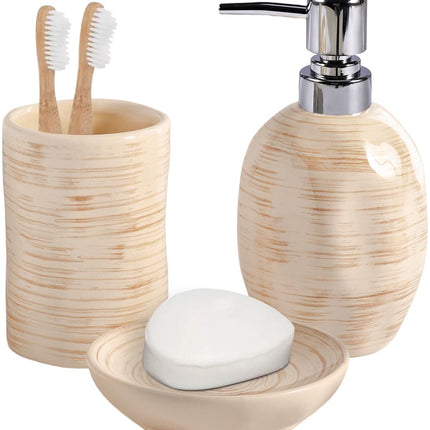 Stylish six-piece bathroom set with soap dispenser and storage accessories.
