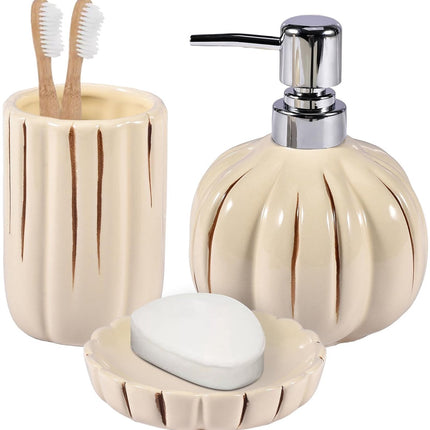Stylish six-piece bathroom set with soap dispenser and storage accessories.