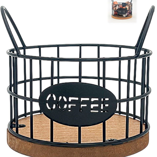Storage basket - Storage rack - Coffee capsule storage rack - Fruit basket - Home storage accessories - Wooden base - Suitable for home, coffee bars, and offices - Black - 13*13*12 cm