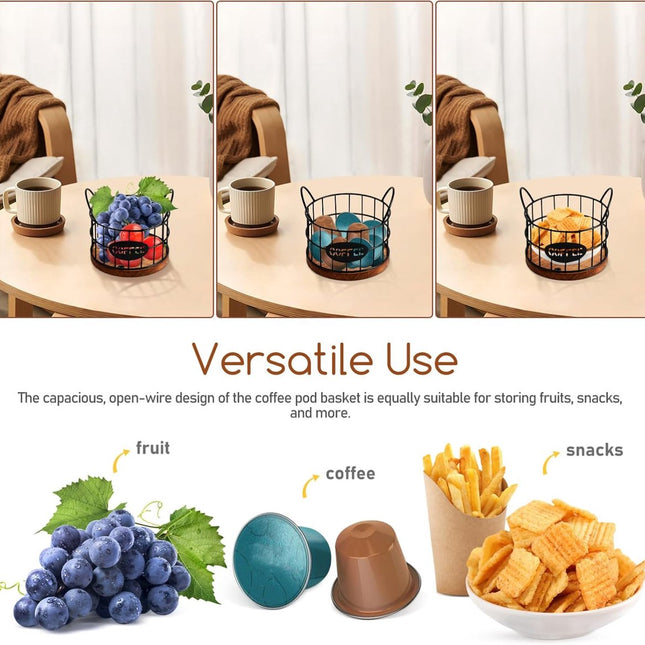 Storage basket - Storage rack - Coffee capsule storage rack - Fruit basket - Home storage accessories - Wooden base - Suitable for home, coffee bars, and offices - Black - 13*13*12 cm.