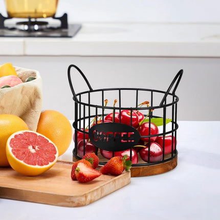 Storage basket - Storage rack - Coffee capsule storage rack - Fruit basket - Home storage accessories - Wooden base - Suitable for home, coffee bars, and offices - Black - 13*13*12 cm.