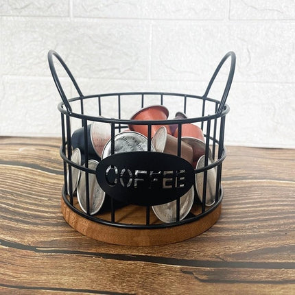Storage basket - Storage rack - Coffee capsule storage rack - Fruit basket - Home storage accessories - Wooden base - Suitable for home, coffee bars, and offices - Black - 13*13*12 cm.