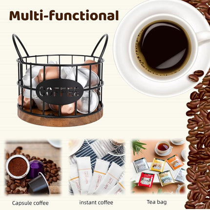 Storage basket - Storage rack - Coffee capsule storage rack - Fruit basket - Home storage accessories - Wooden base - Suitable for home, coffee bars, and offices - Black - 13*13*12 cm.
