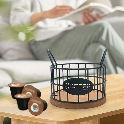 Storage basket - Storage rack - Coffee capsule storage rack - Fruit basket - Home storage accessories - Wooden base - Suitable for home, coffee bars, and offices - Black - 13*13*12 cm.
