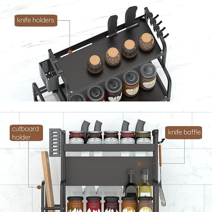 Extendable spice rack with storage accessories - 2 tiers.