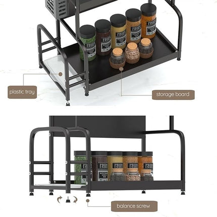 Extendable spice rack with storage accessories - 2 tiers.