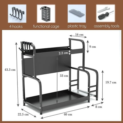 Extendable spice rack with storage accessories - 2 tiers.