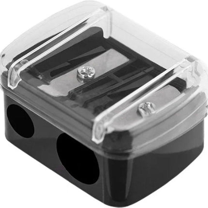 Black 2-hole pencil sharpener - Makeup sharpener with collection tray - plastic.