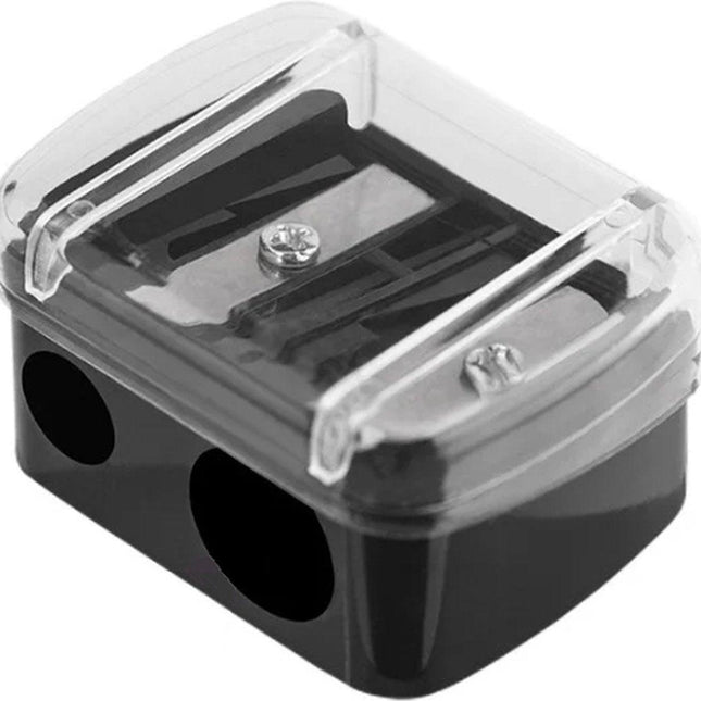 Black 2-hole pencil sharpener - Makeup sharpener with collection tray - plastic.