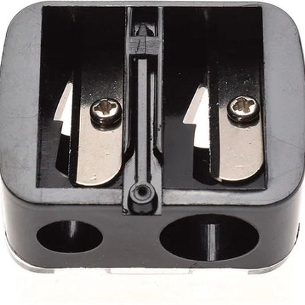 Black 2-hole pencil sharpener - Makeup sharpener with collection tray - plastic.