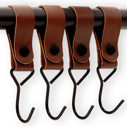 Brute Strength - Multifunctional Hook with Leather Loop - Cognac - 2 pieces - Coat Hook - Camping Hook - Leather - Hanging Hooks - Towel Hooks.