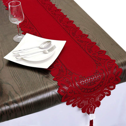 Lace Table Runner Dresser Scarf Embroidered Table Runners with Exquisite Flower Vintage Shabby Chic for Wedding Holiday Dinning Red.