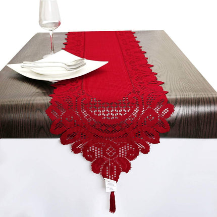 Lace Table Runner Dresser Scarf Embroidered Table Runners with Exquisite Flower Vintage Shabby Chic for Wedding Holiday Dinning Red.