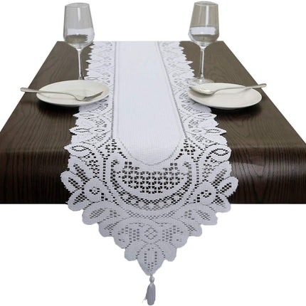 Lace Table Runner Dresser Scarf Embroidered Table Runners with Exquisite Flower Vintage Shabby Chic for Wedding Holiday Dinning White.