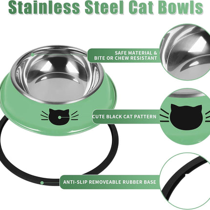 2/3Pcs Cat Bowls Non-Slip Stainless Steel Small Cat Food Bowls Unbreakable Thicken Cat Feeder 7 Oz Cat Dishes Suitable for Indoor Small Pets Removable Rubber Base Easily Clean Lovely Color Green.