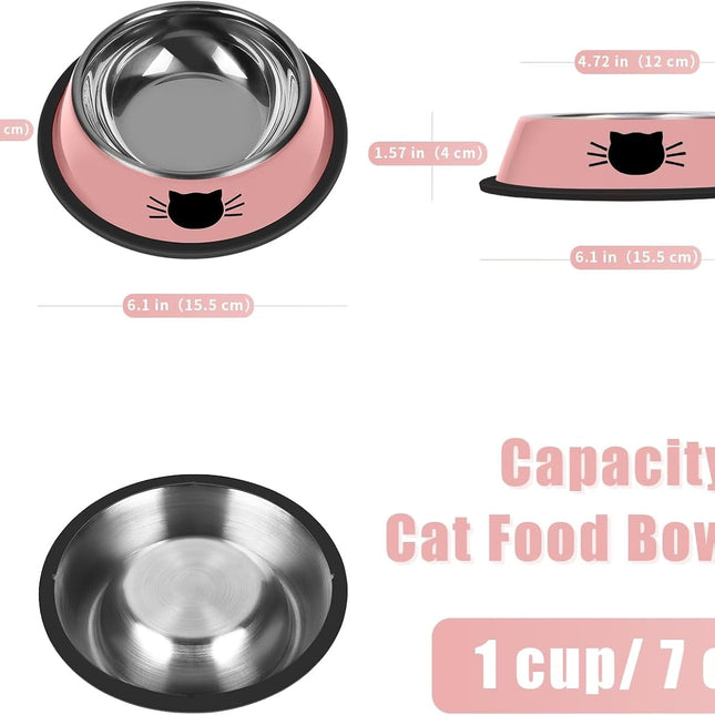 2/3Pcs Cat Bowls Non-Slip Stainless Steel Small Cat Food Bowls Unbreakable Thicken Cat Feeder 7 Oz Cat Dishes Suitable for Indoor Small Pets Removable Rubber Base Easily Clean Lovely Color Pink.